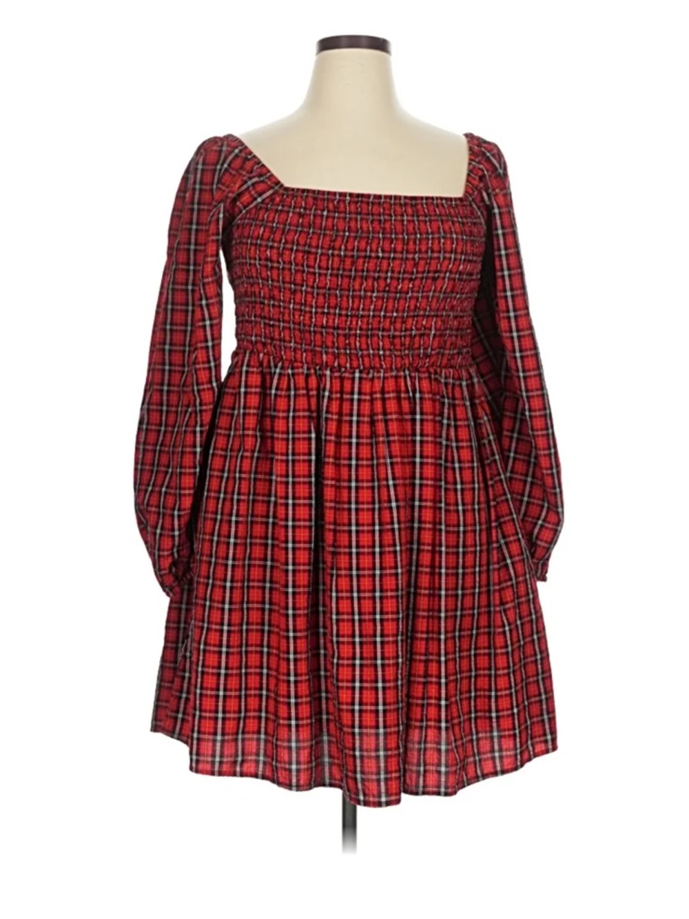 Old Navy Smocked Red Plaid Long-Sleeve Dress